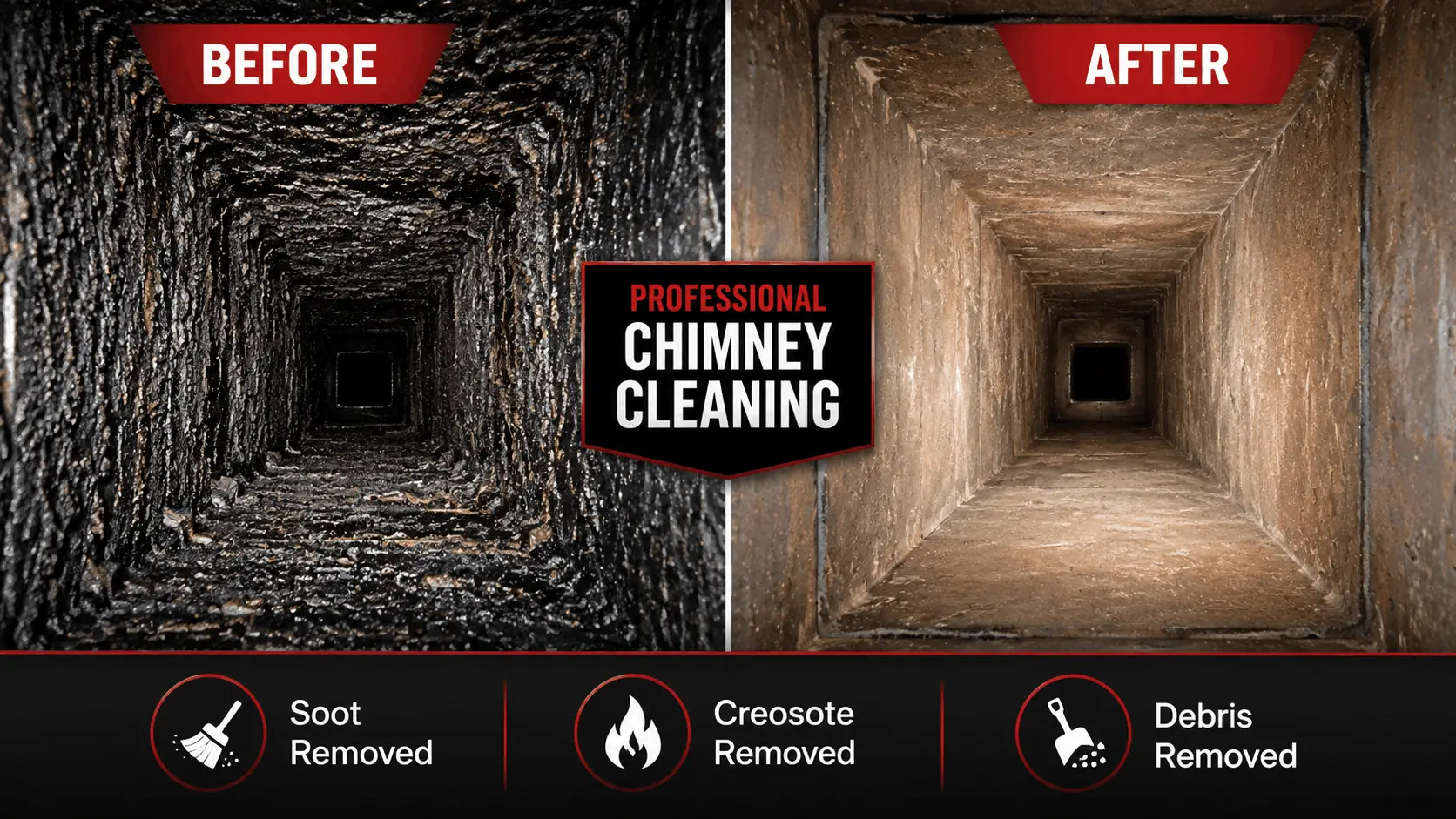Before and after chimney cleaning showing soot and creosote buildup removed from a chimney flue