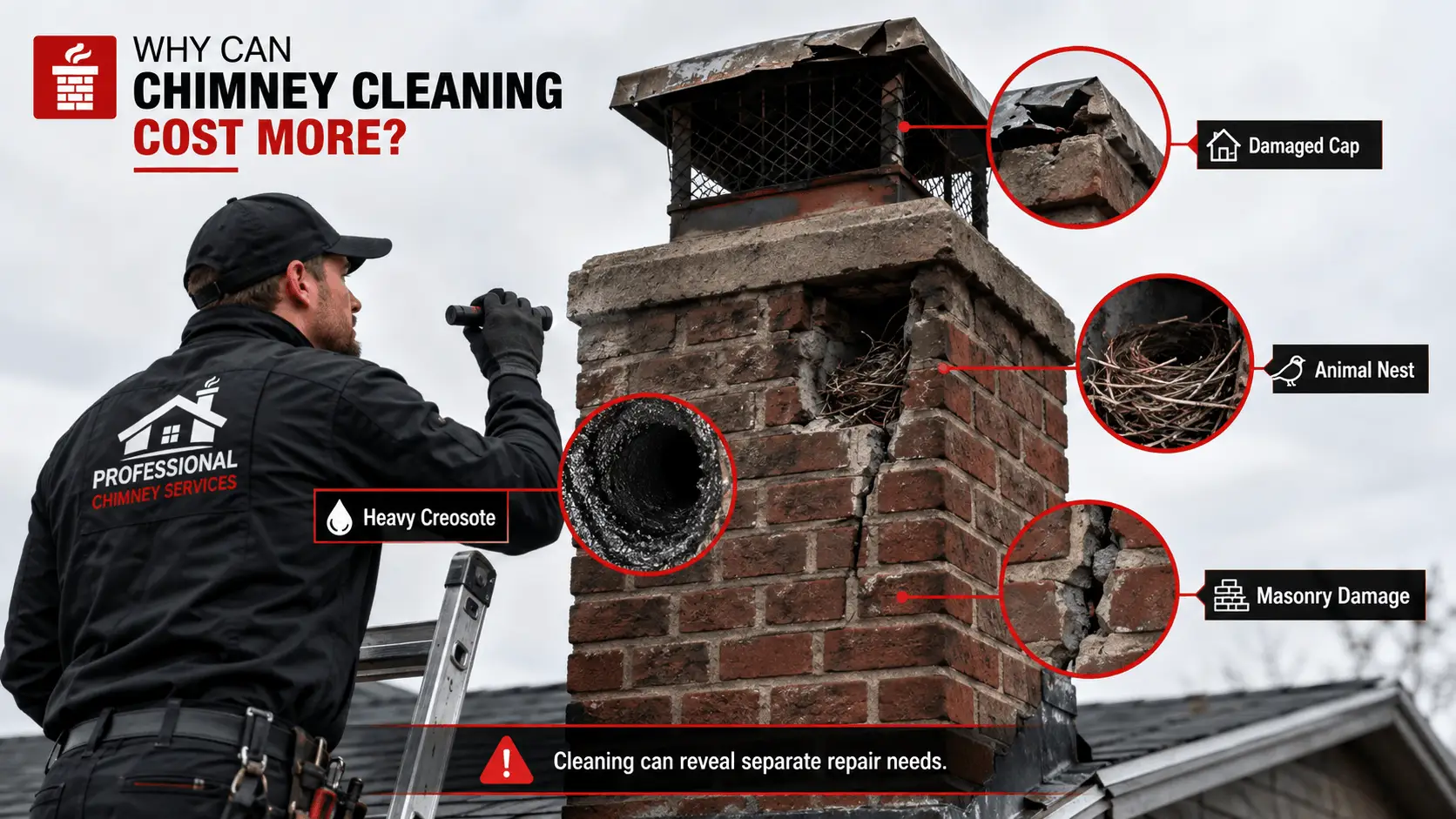 Professional chimney sweep inspecting a residential brick chimney with heavy creosote, an animal nest, damaged cap, and masonry damage highlighted as factors that can increase chimney cleaning costs.