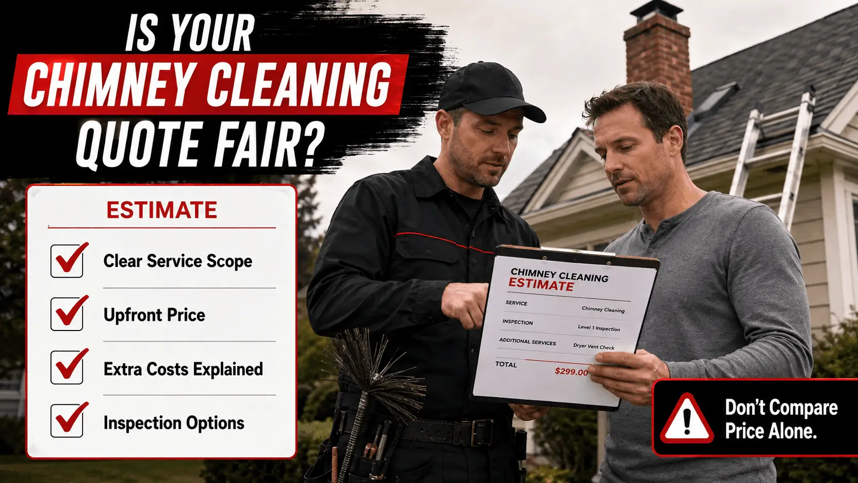Professional chimney sweep and homeowner reviewing a chimney cleaning estimate beside a suburban home, with a quote checklist showing clear service scope, upfront price, extra costs explained, and inspection options, plus a warning not to compare price alone.