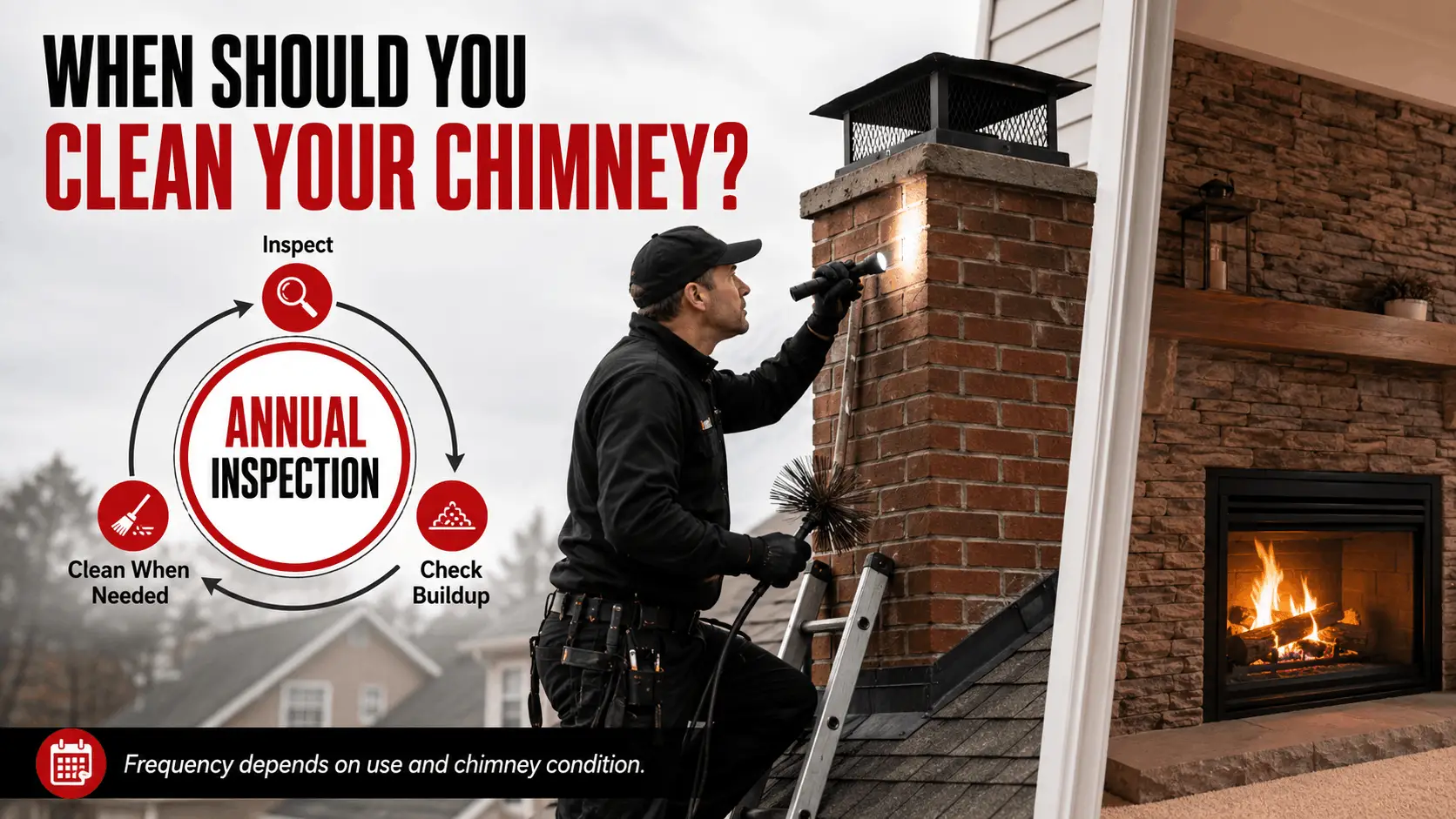 Chimney maintenance infographic showing a professional chimney sweep inspecting a residential chimney, with an annual inspection cycle for inspecting, checking buildup, and cleaning when needed.